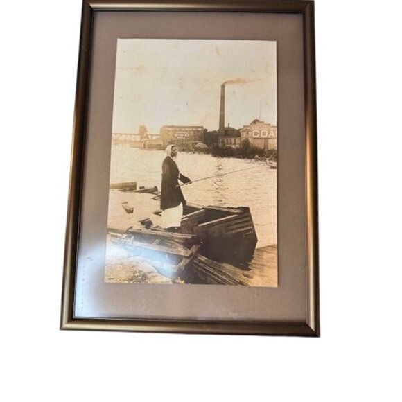Vintage Sepia-Toned Framed Photograph Of Woman Fishing At Fox River - Picture 1 of 9
